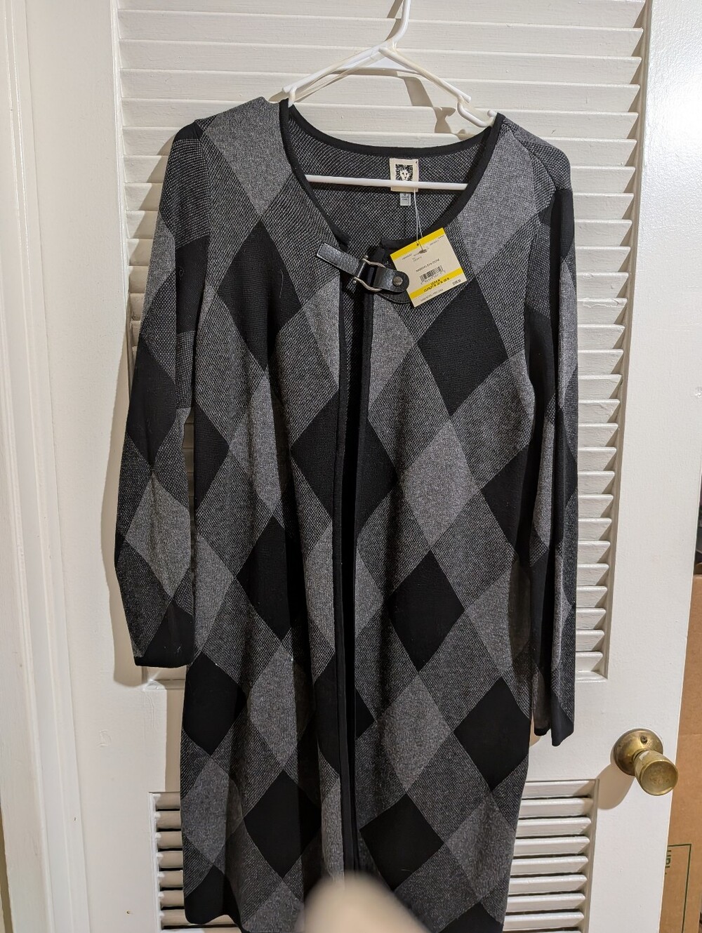Anne Klein Black & Gray Argyle Open Front Coatigan